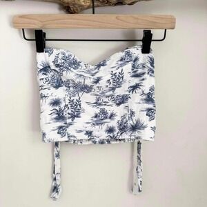 Abercrombie Fitch White Blue Toile Print Smocked Corset Top XXS Linen Viscose